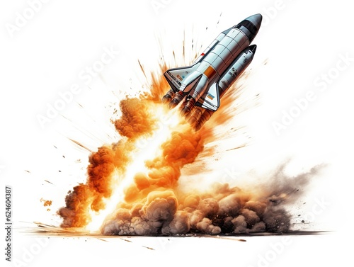 Dynamic Illustration of rocket launch with flames, in the style of semi-realistic pencil and aquarelle isolated on white background. T-shirt pattern concept, blank empty copy space. Generative AI