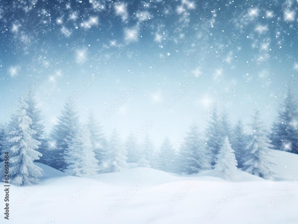Christmas winter forest, snow and frost blurred background. Blank empty copy space with snow covered trees, holiday festive background. Widescreen backdrop. New year Christmas winter art design border