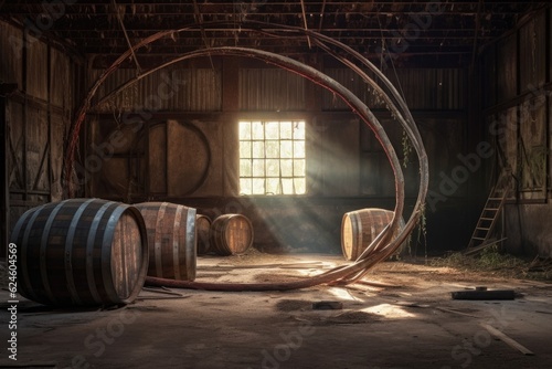wine barrel with iron hoops in a dusty barn, created with generative ai © altitudevisual