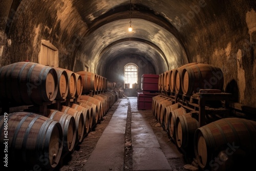 row of old barrels in a dusty wine cellar, created with generative ai