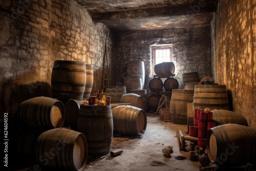 old barrels stacked in a historic distillery, created with generative ai