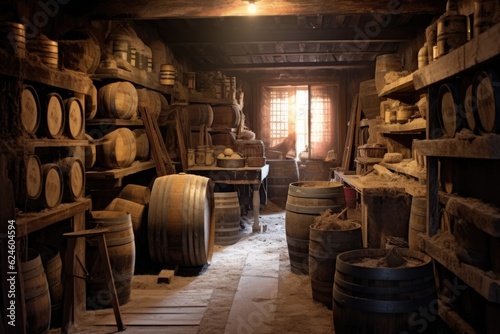 barrels stacked in rustic wine cellar, created with generative ai