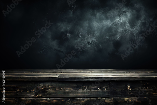 Dark theme Wood Black background texture high quality closeup. May be used for design as background. Copy space. Generative AI