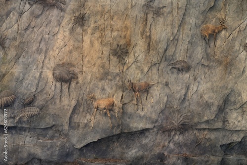 weathered rock surface with faded animal drawings  created with generative ai