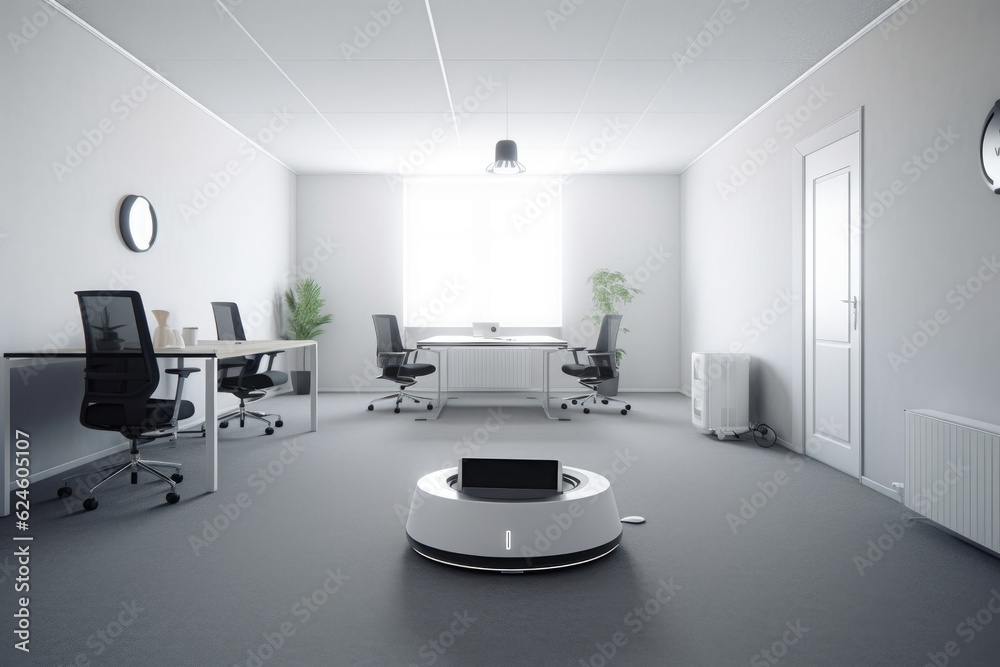 robot vacuum cleaner working in a minimalist office, created with generative ai robot vacuum cleaner working in a minimalist office, created with generative ai