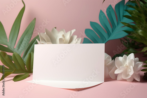 White Blank Empty Business Card Mockup In Plant Leaves. Generative Ai