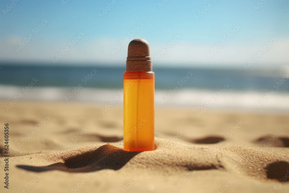 close-up of sunscreen bottle on sandy beach, created with generative ai close-up of sunscreen bottle on sandy beach, created with generative ai