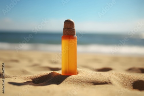 close-up of sunscreen bottle on sandy beach, created with generative ai