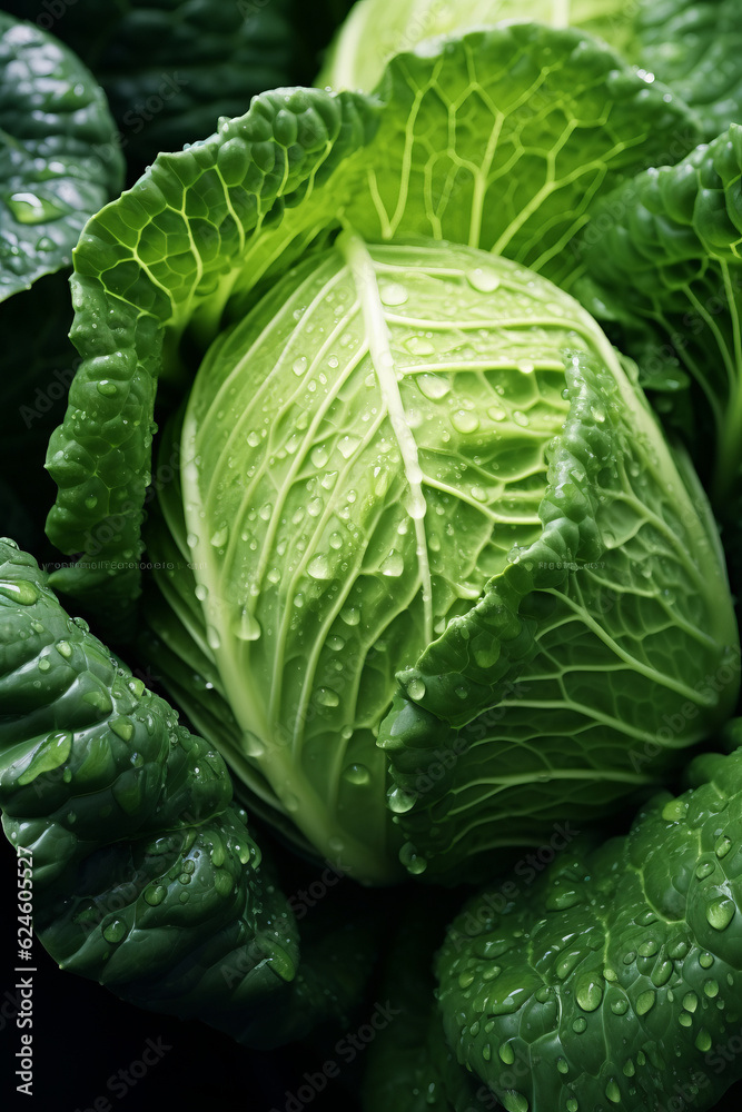 Fototapeta premium close up cabbage, rainy, ultra detailed, look front to the sunlight. AI Generated