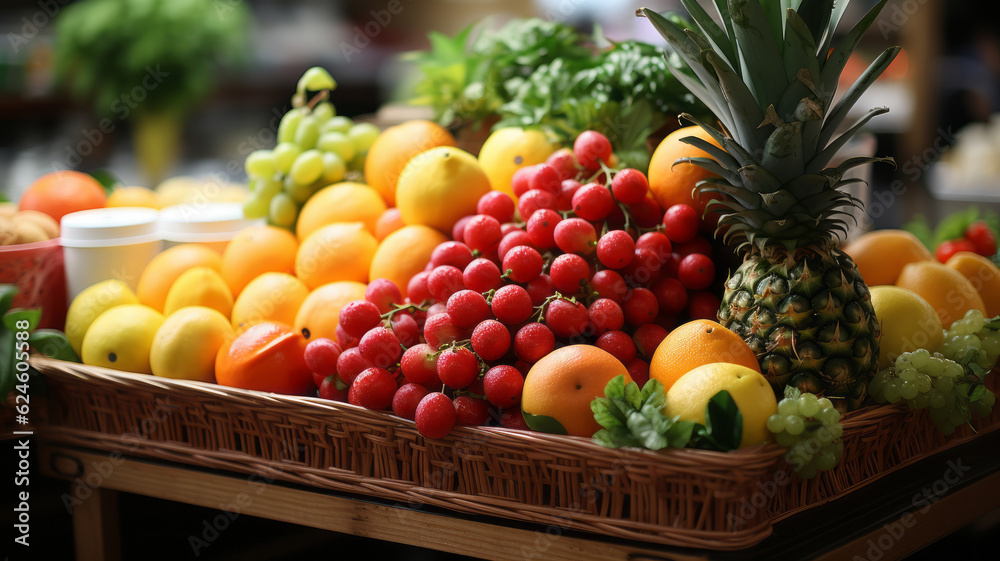 fruits in basket with fruits on shelf in market. AI Generated fruits in basket with fruits on shelf in market. AI Generated