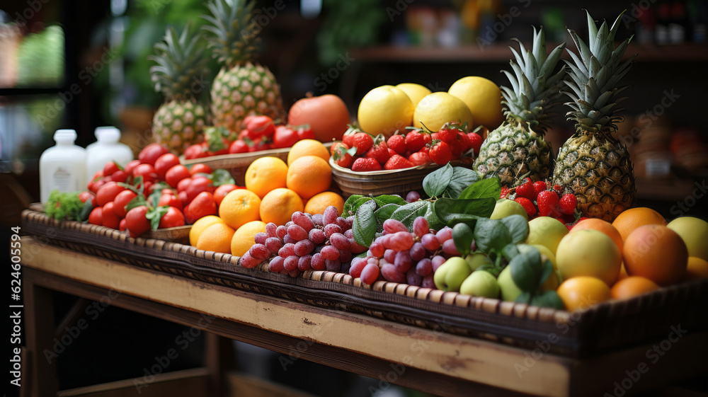 fruits in basket with fruits on shelf in market. AI Generated