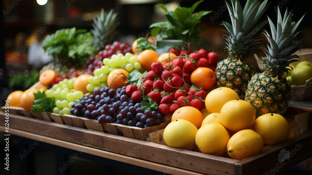 fruits in basket with fruits on shelf in market. AI Generated fruits in basket with fruits on shelf in market. AI Generated