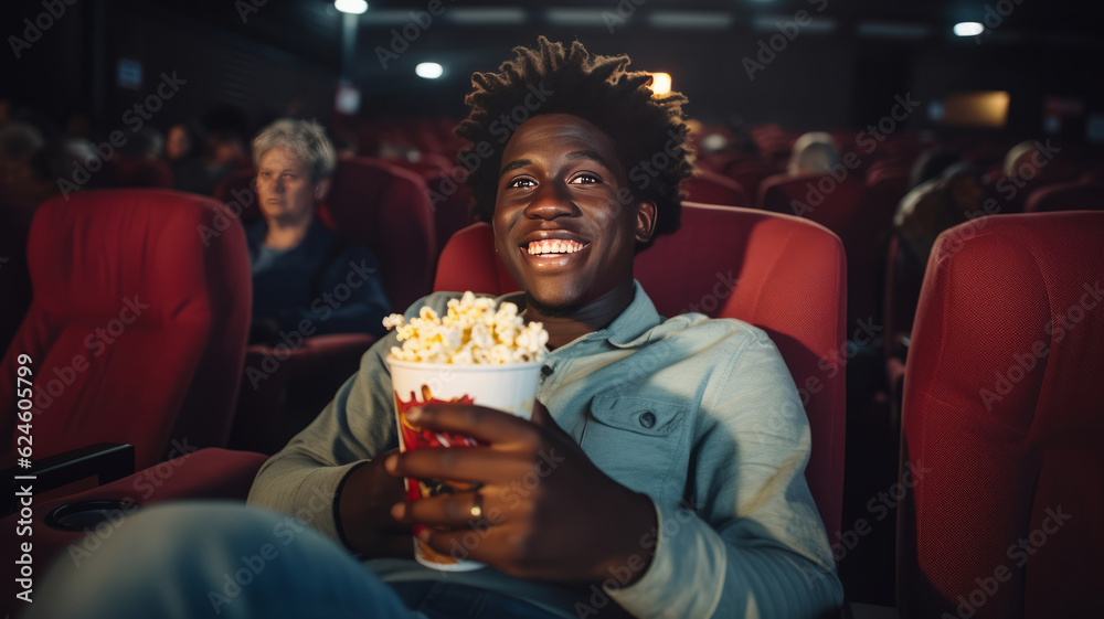 Black man eating popcorn in a movie theater, sitting and eating popcorn. AI Generated
