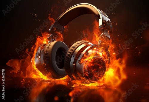 a pair of headphones with flames on the back  in the style of vray tracing  skillful lighting. AI Generated