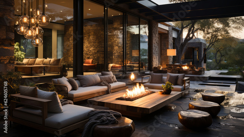 An image of a beautiful outdoor seating area, with several luxurious chairs arranged around a fire pit. AI Generated