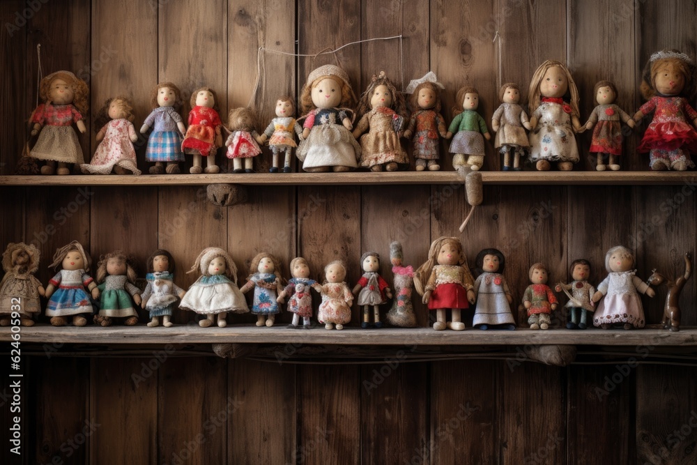 Obraz premium handmade dolls displayed on a rustic shelf, created with generative ai