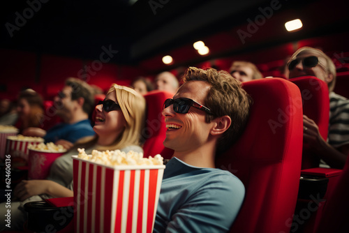 Man eating popcorn in a movie theater, sitting and eating popcorn. AI Generated