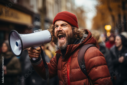 portrait of a man shouts into a megaphone during a protest. AI Generated © wolfhound911