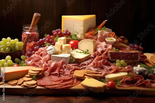 assorted deli meats and cheese layers on board, created with generative ai