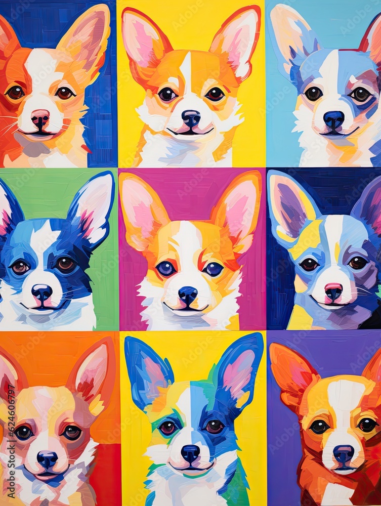 Fototapeta premium Portrait collection of chihuahua dog, with rows and columns of different puppy moods reflected in different colors. Generative AI