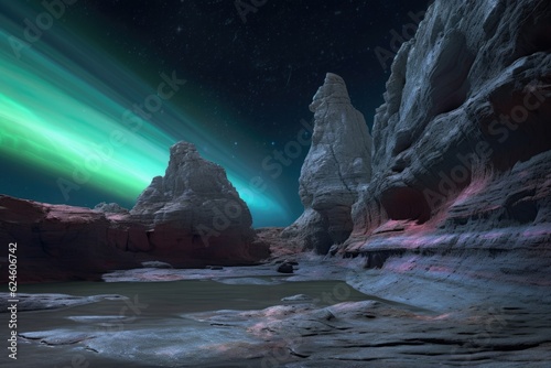 uranus turquoise aurora against a rocky terrain, created with generative ai