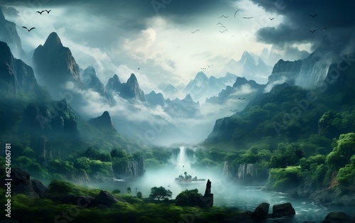 A serene mountain landscape with a boat gently floating in the calm waters. AI
