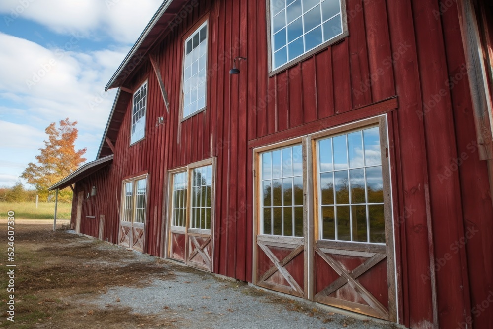 newly installed windows and doors on restored barn, created with generative ai