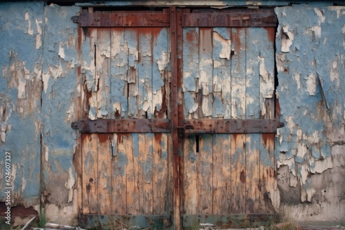 old barn door with peeling paint and restored hinges, created with generative ai