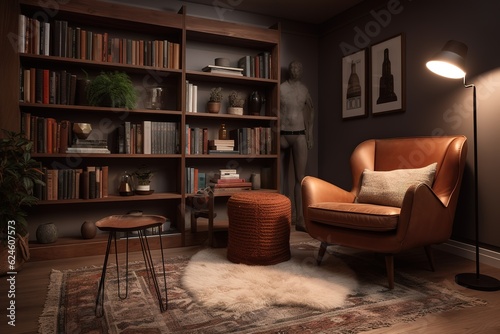 Bookcase with armchair in modern interior of room. Generative AI © Create image