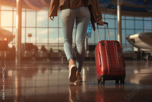 Rear view of unrecognizable slender woman in casual clothes walking with a suitcase at airport, close-up of legs and luggage. Travel, trip, vacation concept