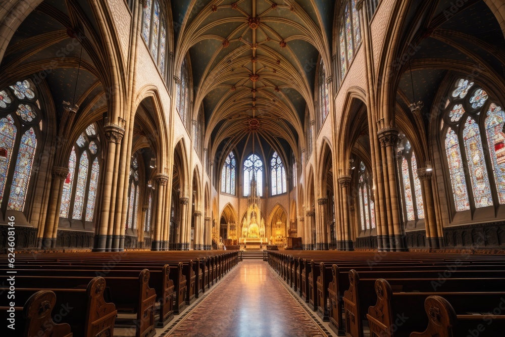 wide angle shot of nave and gothic architecture, created with generative ai