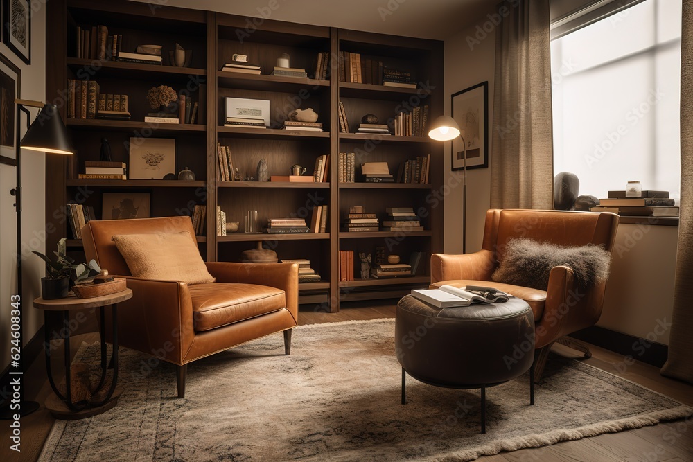 Bookcase with armchair in modern interior of room. Generative AI Bookcase with armchair in modern interior of room. Generative AI