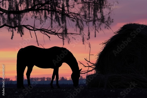 silhouette of horse eating hay at twilight, created with generative ai © altitudevisual