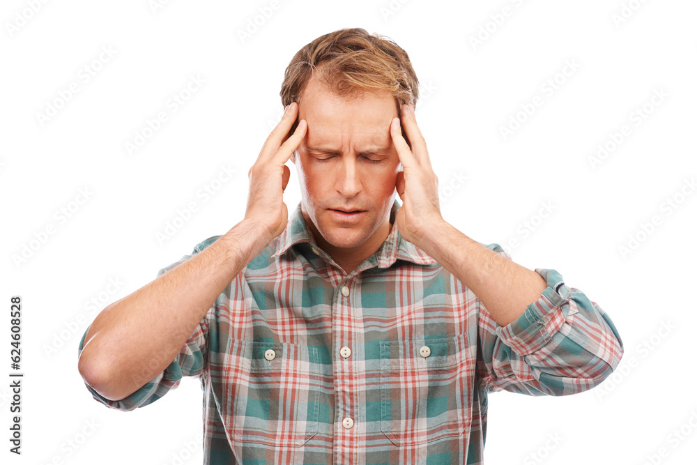 Headache, frustrated and man with stress pressure due to burnout isolated in a transparent or png background. Pain, inflammation and male person with migraine discomfort, fatigue and overworked Headache, frustrated and man with stress pressure due to burnout isolated in a transparent or png background. Pain, inflammation and male person with migraine discomfort, fatigue and overworked