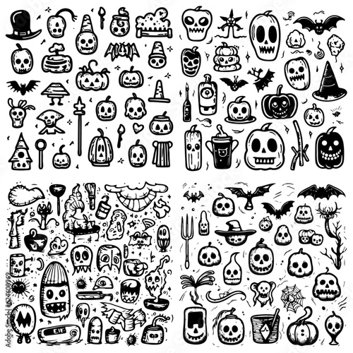 a collection of halloween objects  black and white