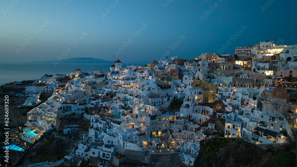 The famous of landscape view point in the night scene at Oia town on Santorini island, Greece