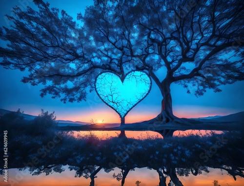 blue tree heart and sunset over the field Created using generative AI tools