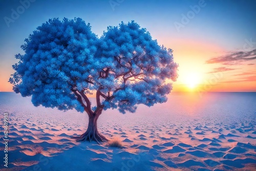 blue tree heart and sunset over the field Created using generative AI tools