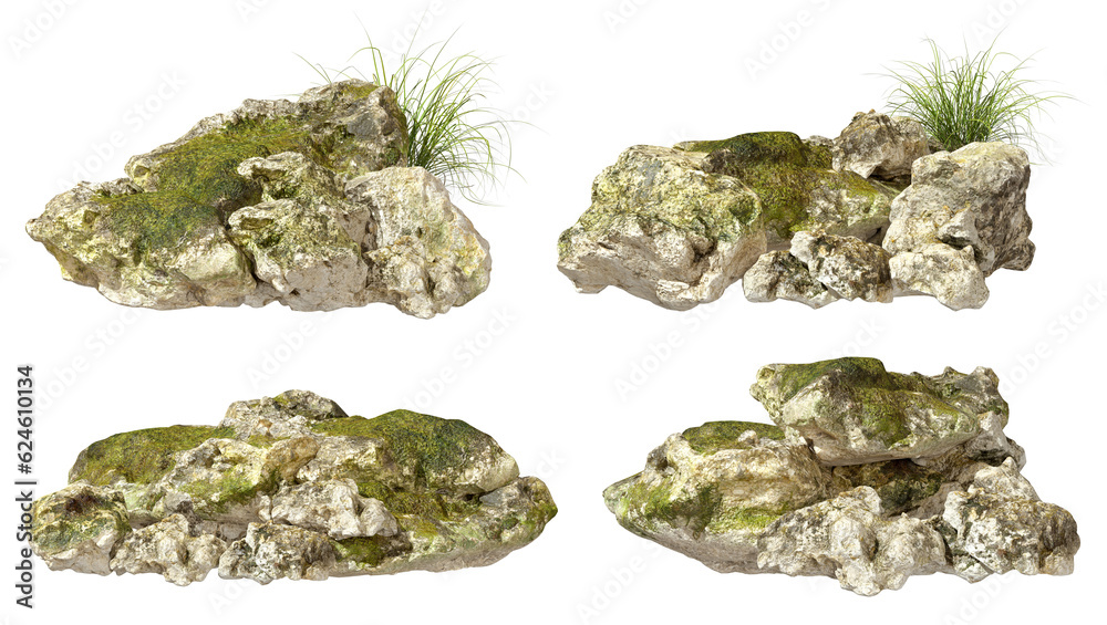 Cutout rock moss rainforest step composition on transparent backgrounds 3d render png Cutout rock moss rainforest step composition on transparent backgrounds 3d render png