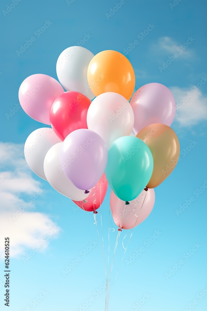 close up of colorful balloons flying in the air, levitation,rainbow palete pastel background for design close up of colorful balloons flying in the air, levitation,rainbow palete pastel background for design