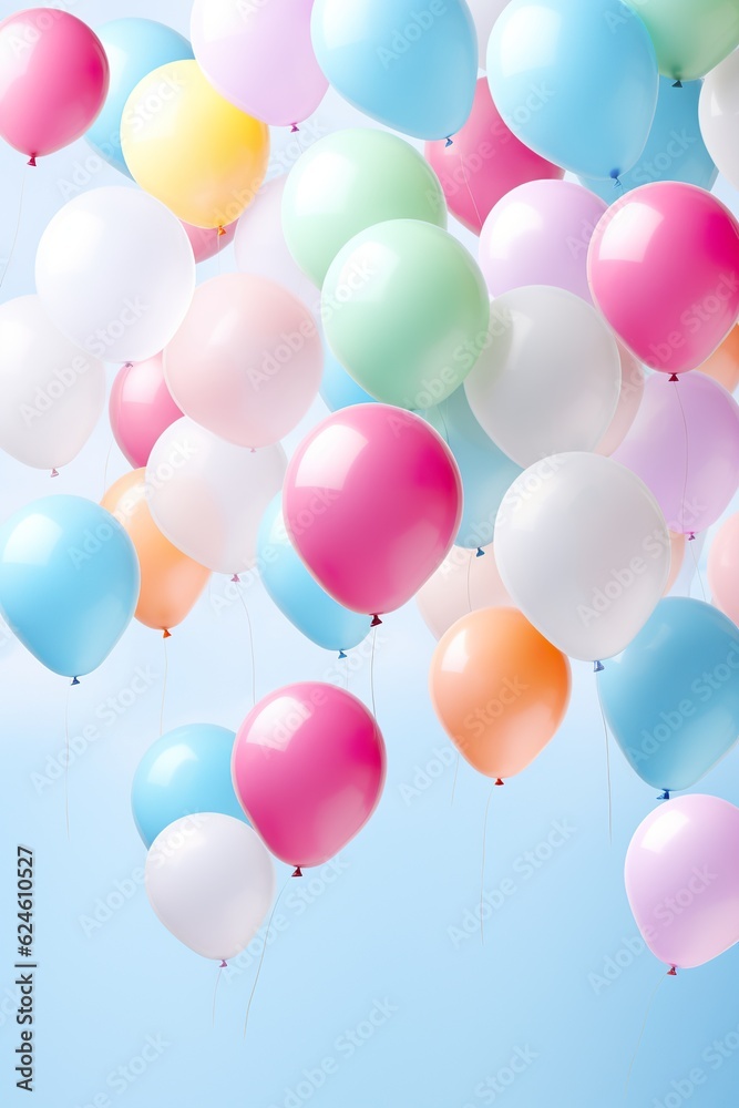 close up of colorful balloons flying in the air, levitation,rainbow palete pastel background for design close up of colorful balloons flying in the air, levitation,rainbow palete pastel background for design