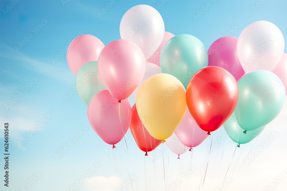close up of colorful balloons flying in the air, levitation,rainbow palete pastel background for design close up of colorful balloons flying in the air, levitation,rainbow palete pastel background for design