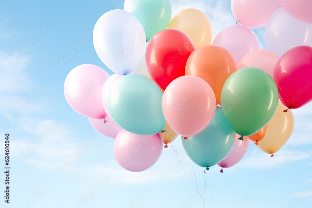 close up of colorful balloons flying in the air, levitation,rainbow palete pastel background for design