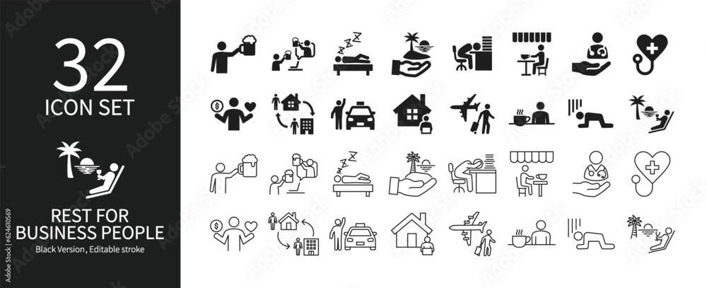 Icon set related to business people on vacation