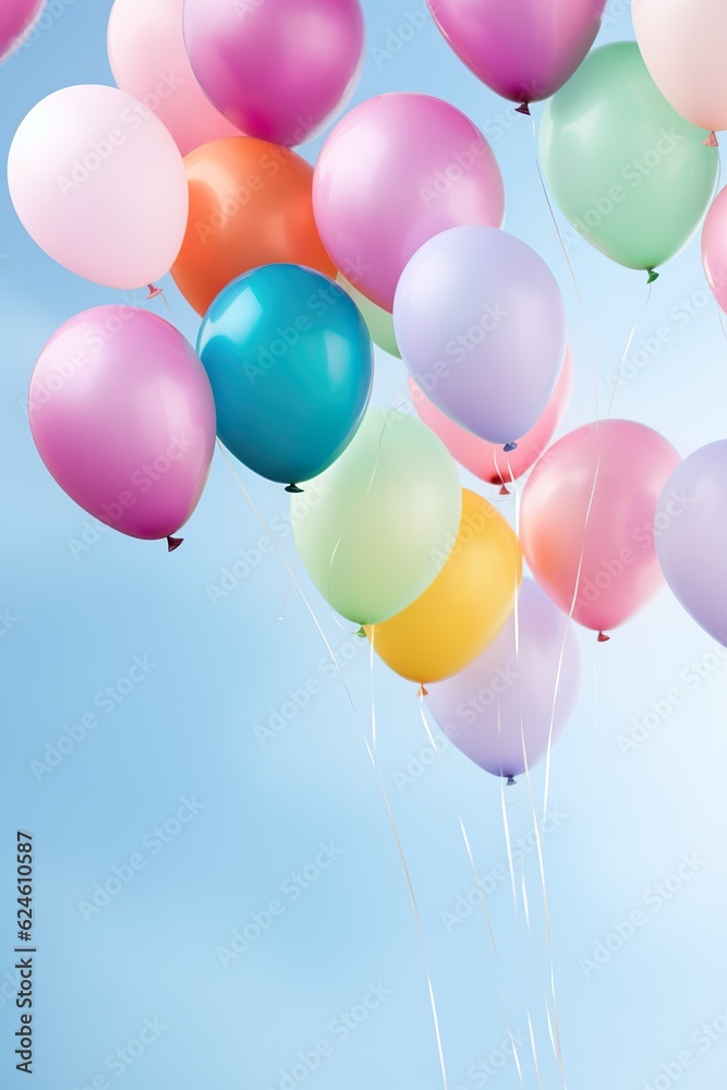 close up of colorful balloons flying in the air, levitation,rainbow palete pastel background for design close up of colorful balloons flying in the air, levitation,rainbow palete pastel background for design