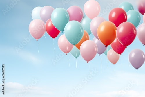 close up of colorful balloons flying in the air  levitation rainbow palete pastel background for design