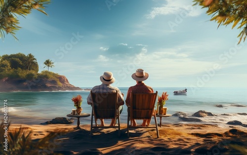 Two people sitting in chairs on a beach. AI