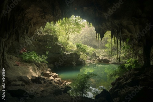A cave in the Dominican Republic with three lakes surrounded by lush vegetation. Scenic landscape for outdoor travel. Generative AI