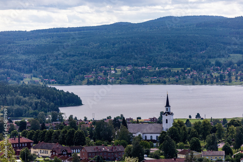 Silansnas, Lake Sijan, Sweden A summer landscape view over Lake Siljan and the town of Siljansnas and the church. photo