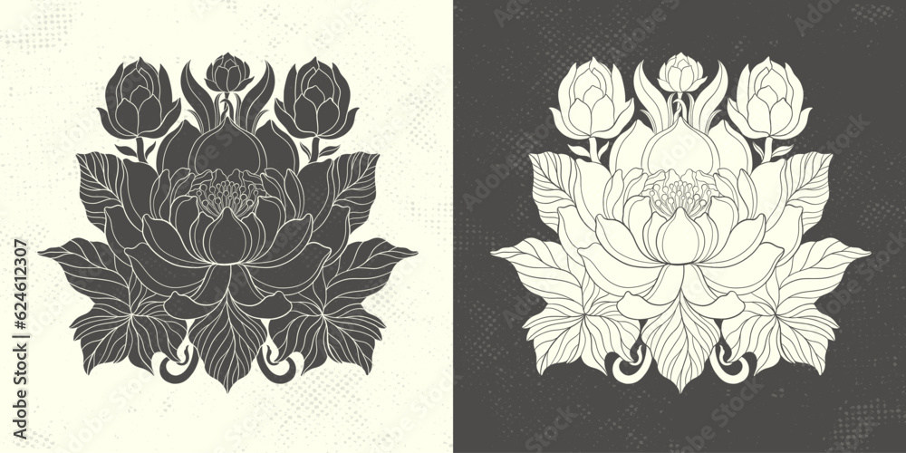 Floral lotus flower in art nouveau 1920-1930. Hand drawn lotus in a linear style with weaves of lines, leaves and lotus flowers.